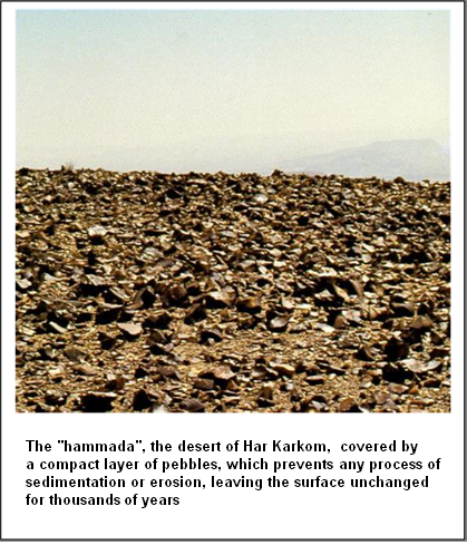  

La hammada il deserto di Har Karkom costituito 
da uno strato compatto di ciottoli, che impediscono 
qualsiasi processo di erosione, lasciando il paesaggio 
immutato per millenni
